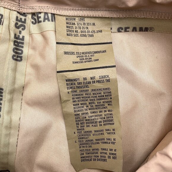 Tennessee Military Pants Adult 36Wx32L Desert‎ Camo Cold Weather Nylon Gore-Seam - Picture 4 of 12
